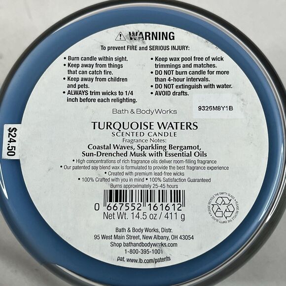 NEW Bath & Body Works 3 Wick Candle 14.5 oz Large Turquoise Waters With Box - Picture 3 of 5